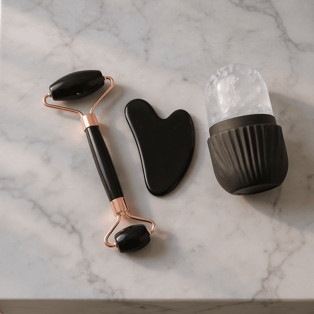 The three-piece black set arranged together on a marble surface.