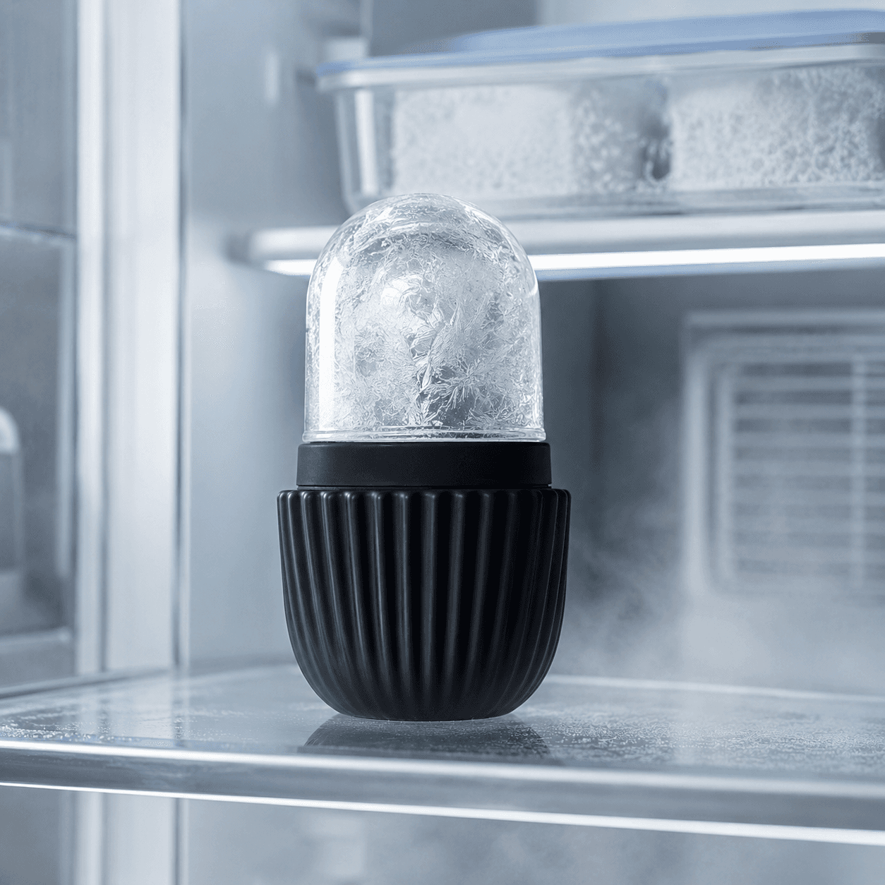 The black ice cup chilling on a shelf inside a freezer, forming a fresh dome of ice.